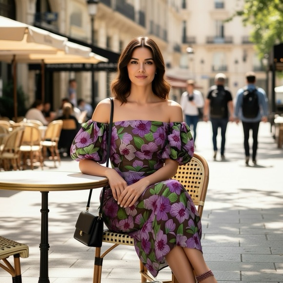 Milly Nira Off-Shoulder 3D Floral Appliqué Embroidered Midi Dress NWT Medium - Picture 12 of 17